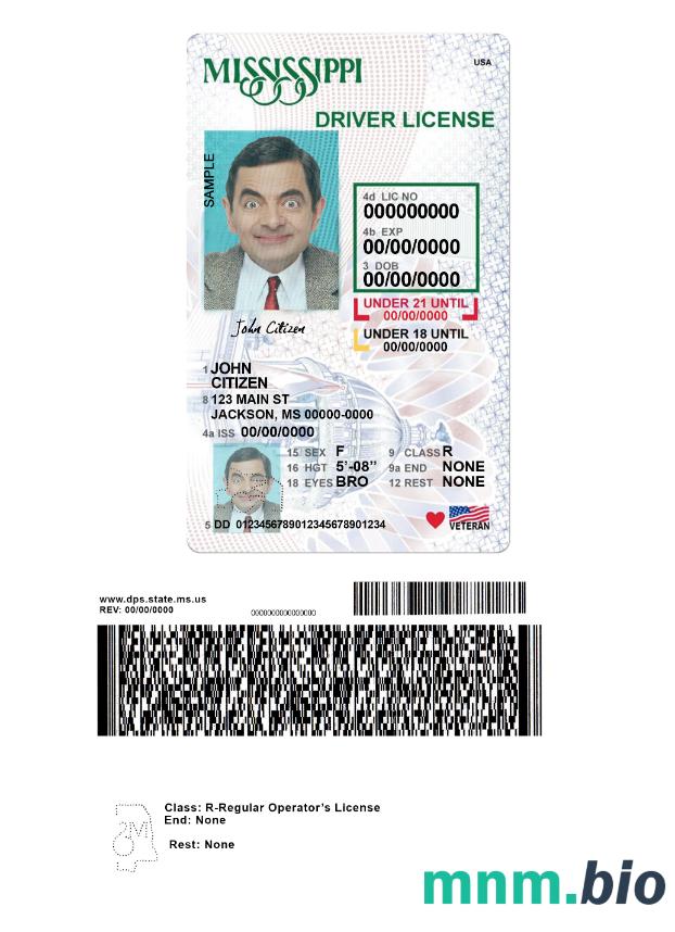 Prawo jazdy USA Mississippi poniżej 21 roku życia w formacie PSD